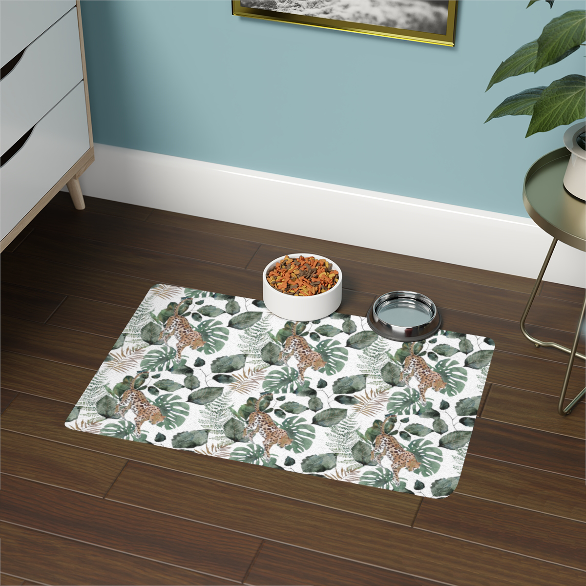 Non-Slip Cat Feeding Mat - Jungle Vibes (White)